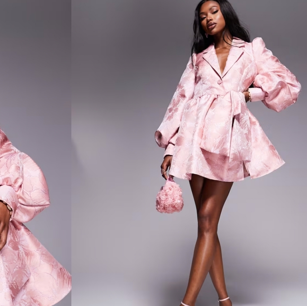 ASOS Pink Floral Jacquard Mini Dress with Statement Sleeves - Picture 3 of 6